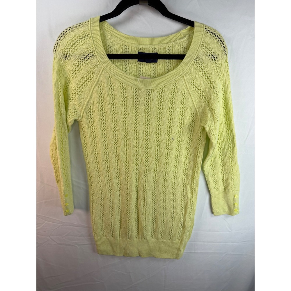 American Eagle Lime Green Pointelle Cable Knit Scoop‎ Neck Button Cuff Sweater L